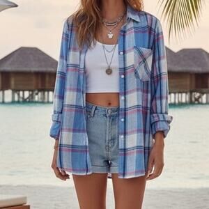 Grayson Blue Pink White Plaid Linen The Hero Shirt size 2 ( Small )